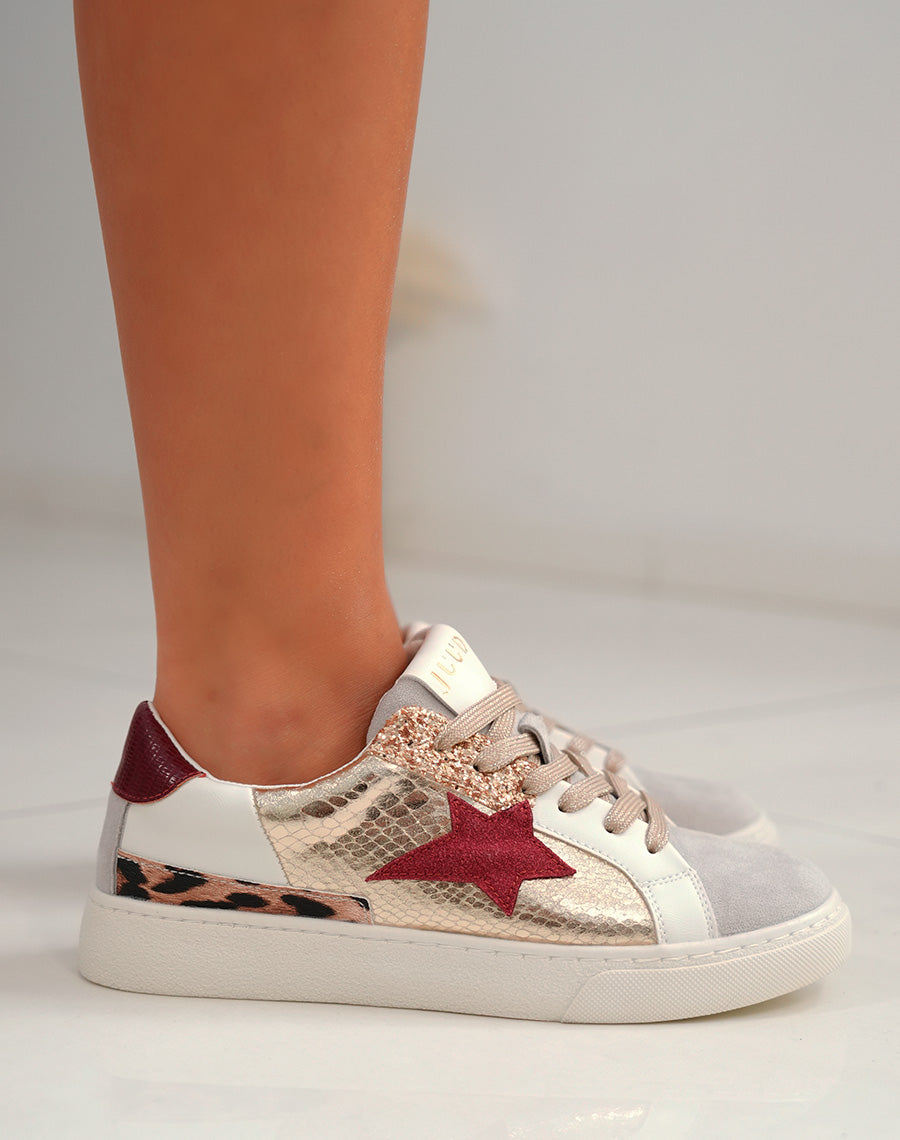 Basket femme blanche et dorée chic avec étoile bordeaux