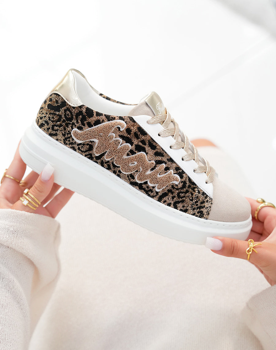 Basket femme à plateforme léopard noir et doré avec inscription Amour