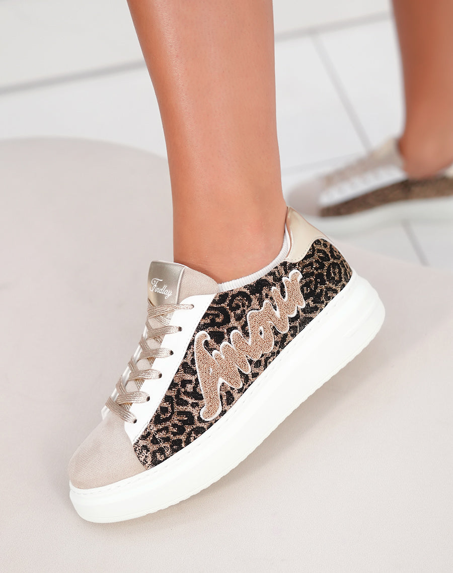 Basket femme à plateforme léopard noir et doré avec inscription Amour