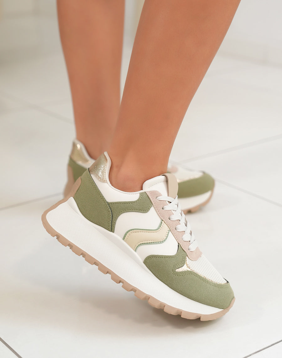 Basket femme à semelle épaisse avec empiècements verts taupe et dorés