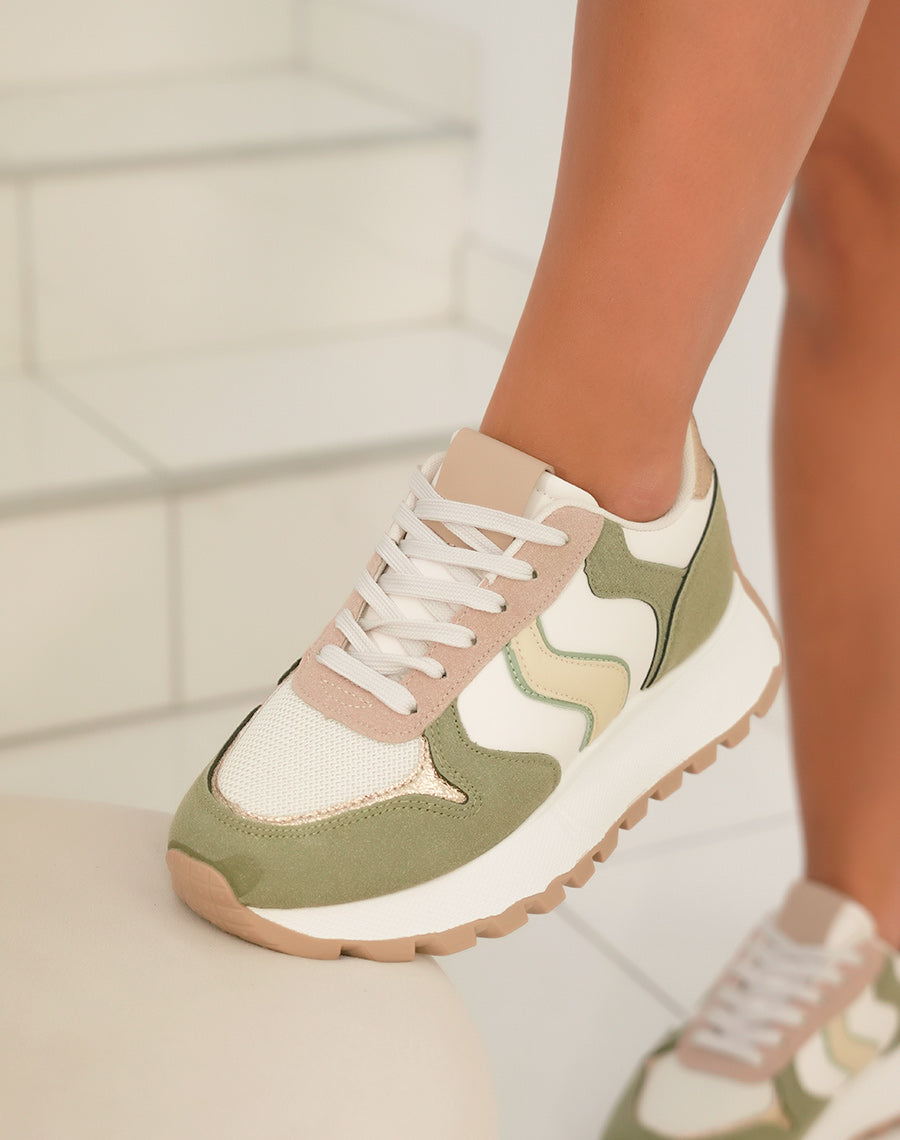 Basket femme à semelle épaisse avec empiècements verts taupe et dorés