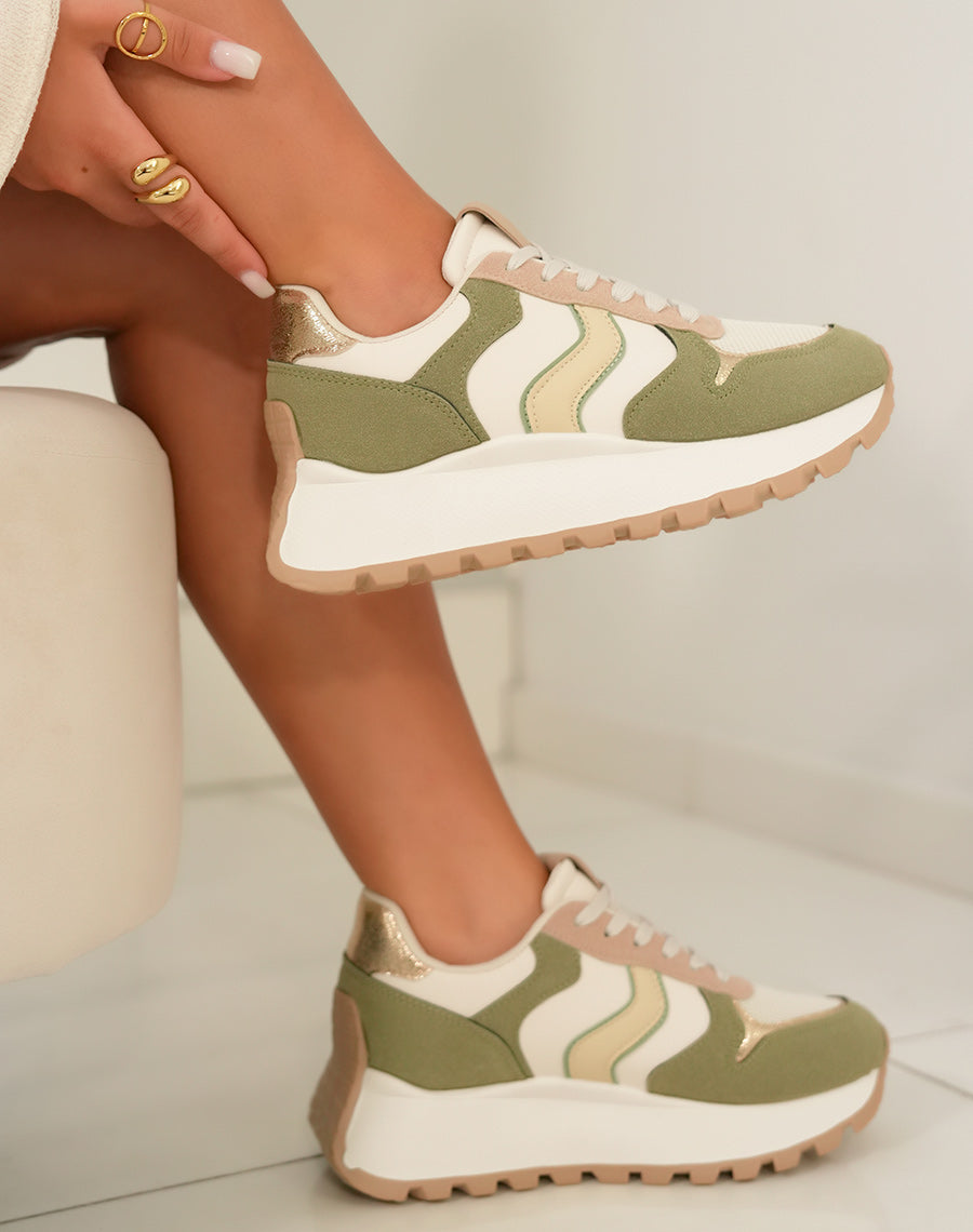 Basket femme à semelle épaisse avec empiècements verts taupe et dorés