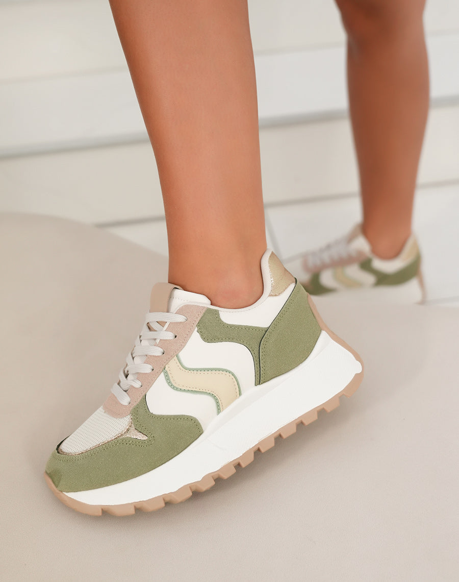 Basket femme à semelle épaisse avec empiècements verts taupe et dorés