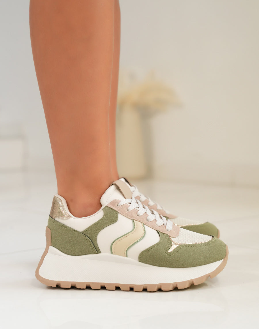 Basket femme à semelle épaisse avec empiècements verts taupe et dorés