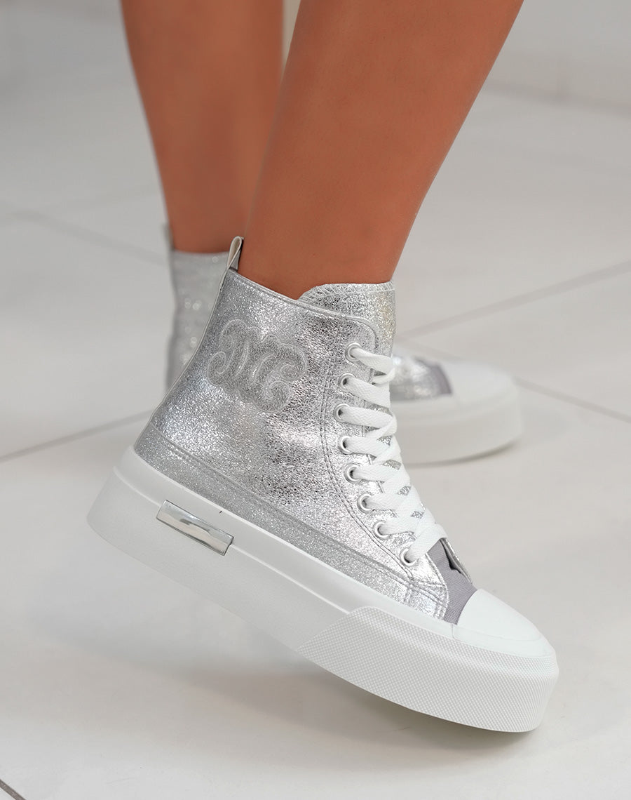 Basket montante femme argentée brillante avec logo en tissu