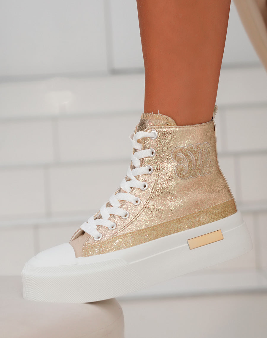 Basket montante femme dorée brillante avec logo en tissu