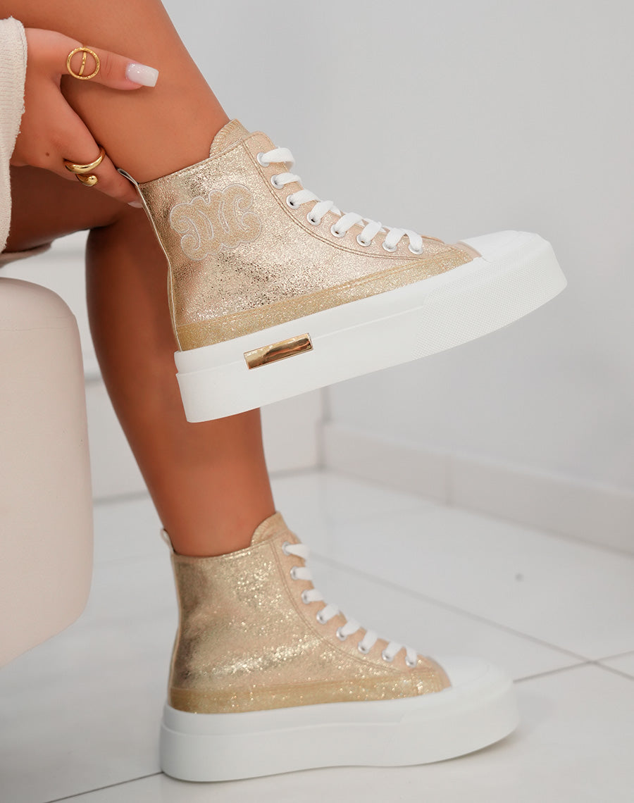 Basket montante femme dorée brillante avec logo en tissu