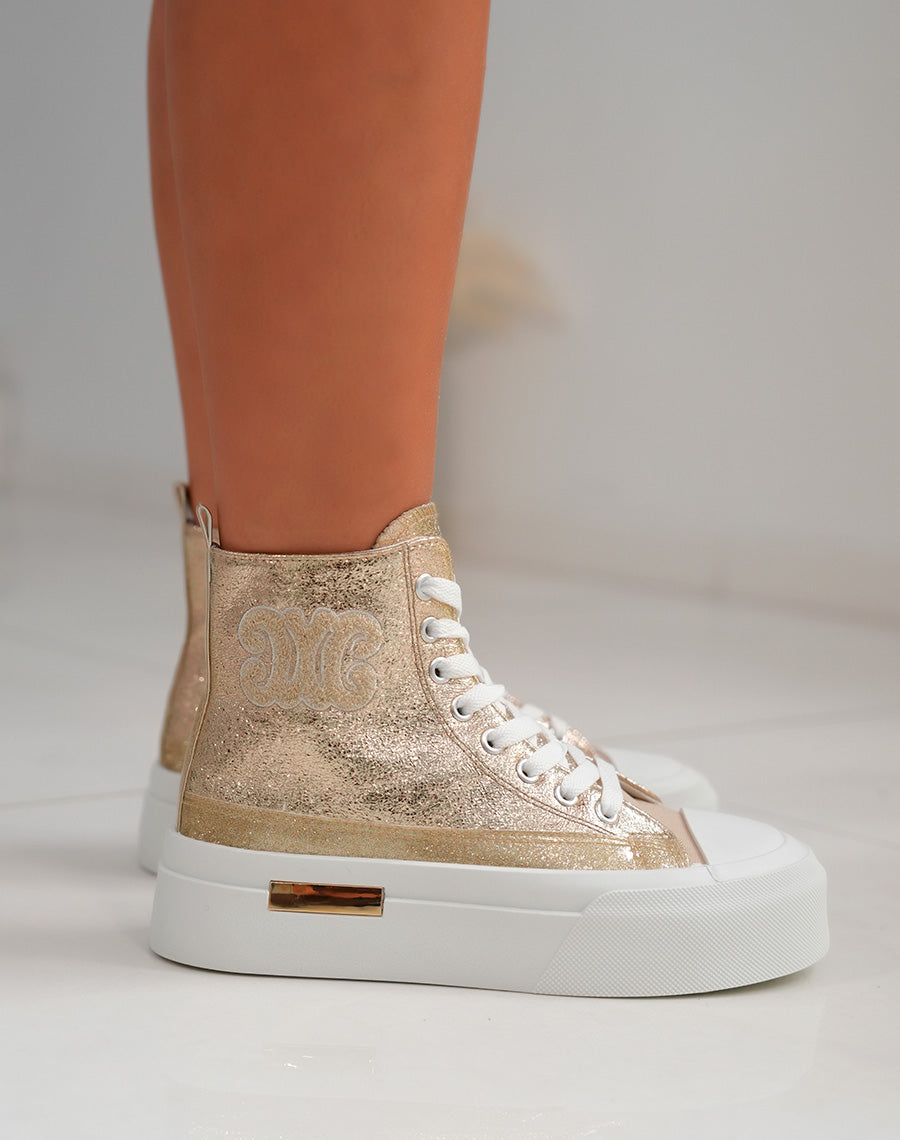 Basket montante femme dorée brillante avec logo en tissu