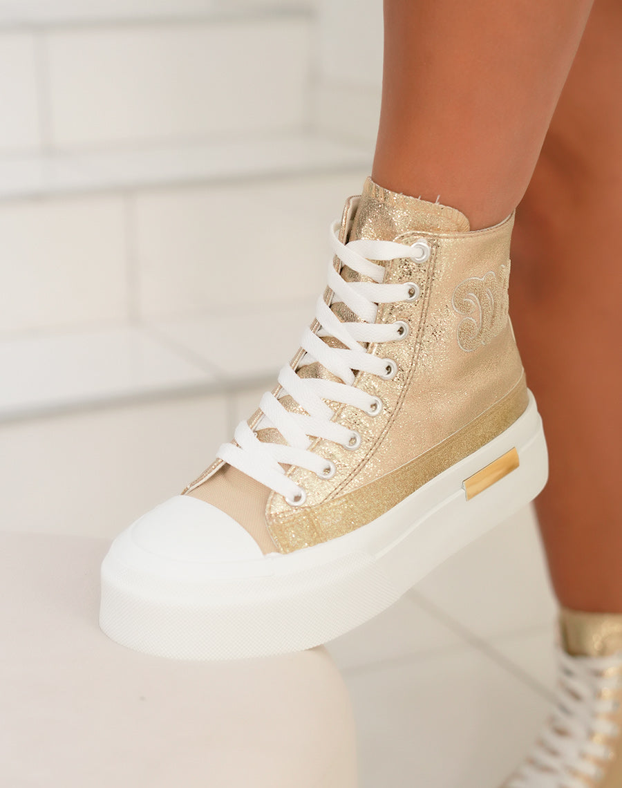 Basket montante femme dorée brillante avec logo en tissu