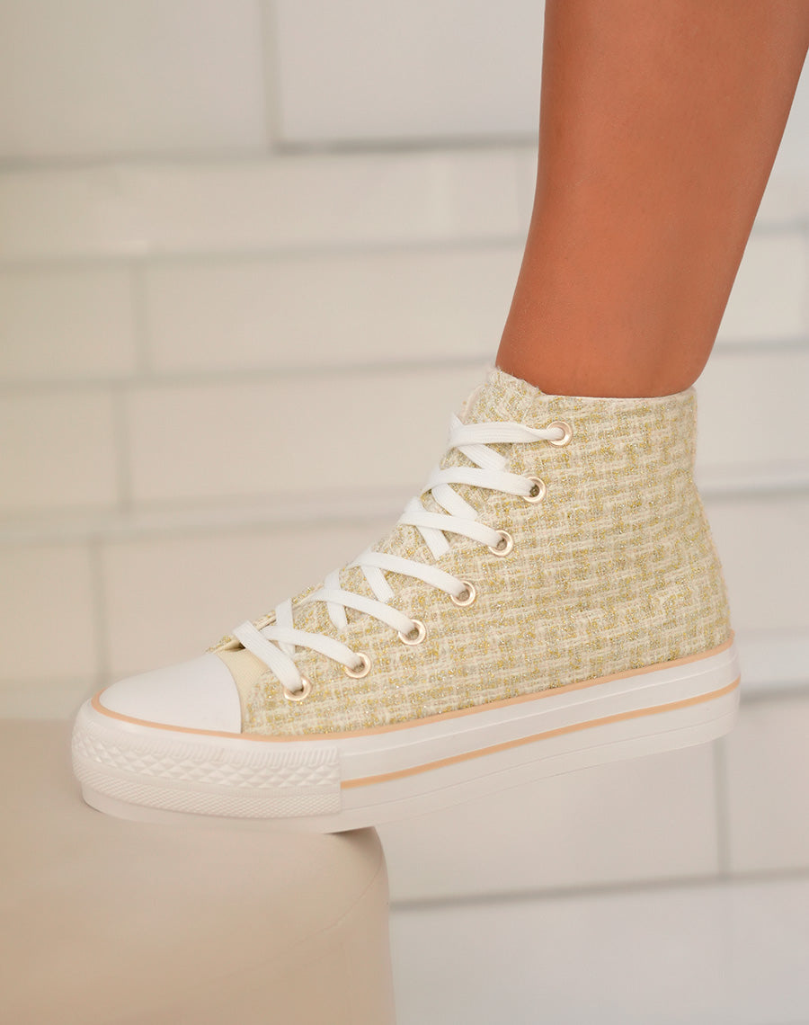 Basket montante femme en tweed doré avec fils métallisés