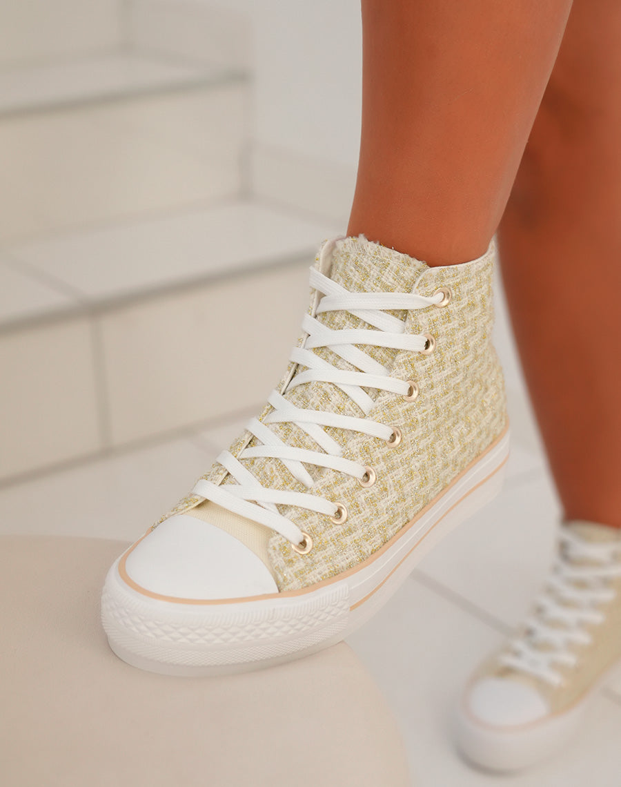 Basket montante femme en tweed doré avec fils métallisés