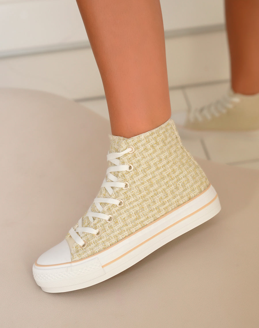 Basket montante femme en tweed doré avec fils métallisés