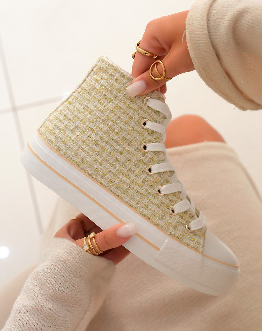 Basket montante femme en tweed doré avec fils métallisés