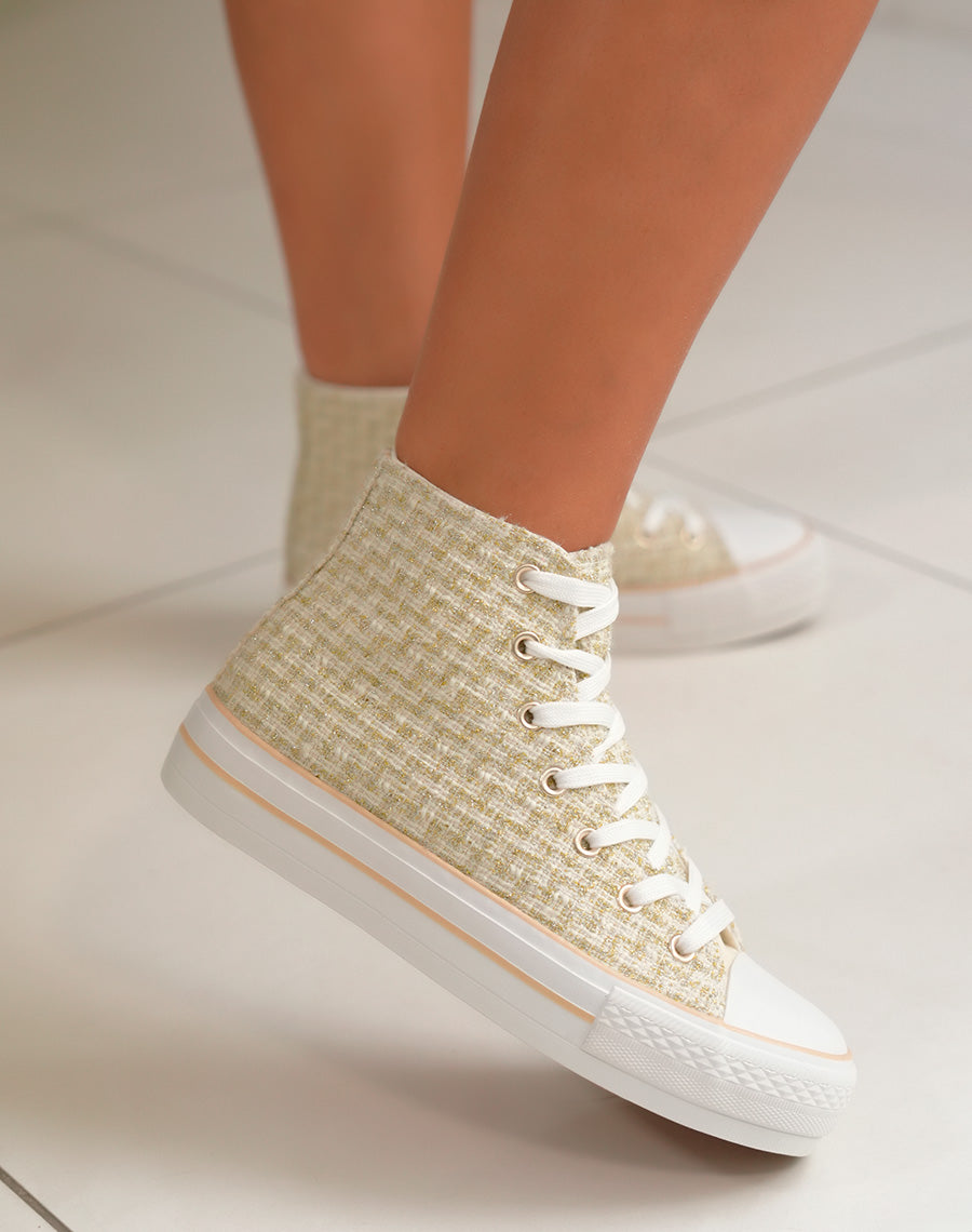 Basket montante femme en tweed doré avec fils métallisés