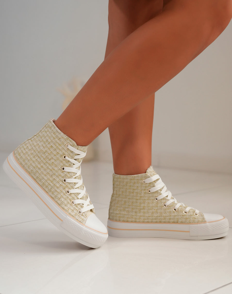 Basket montante femme en tweed doré avec fils métallisés