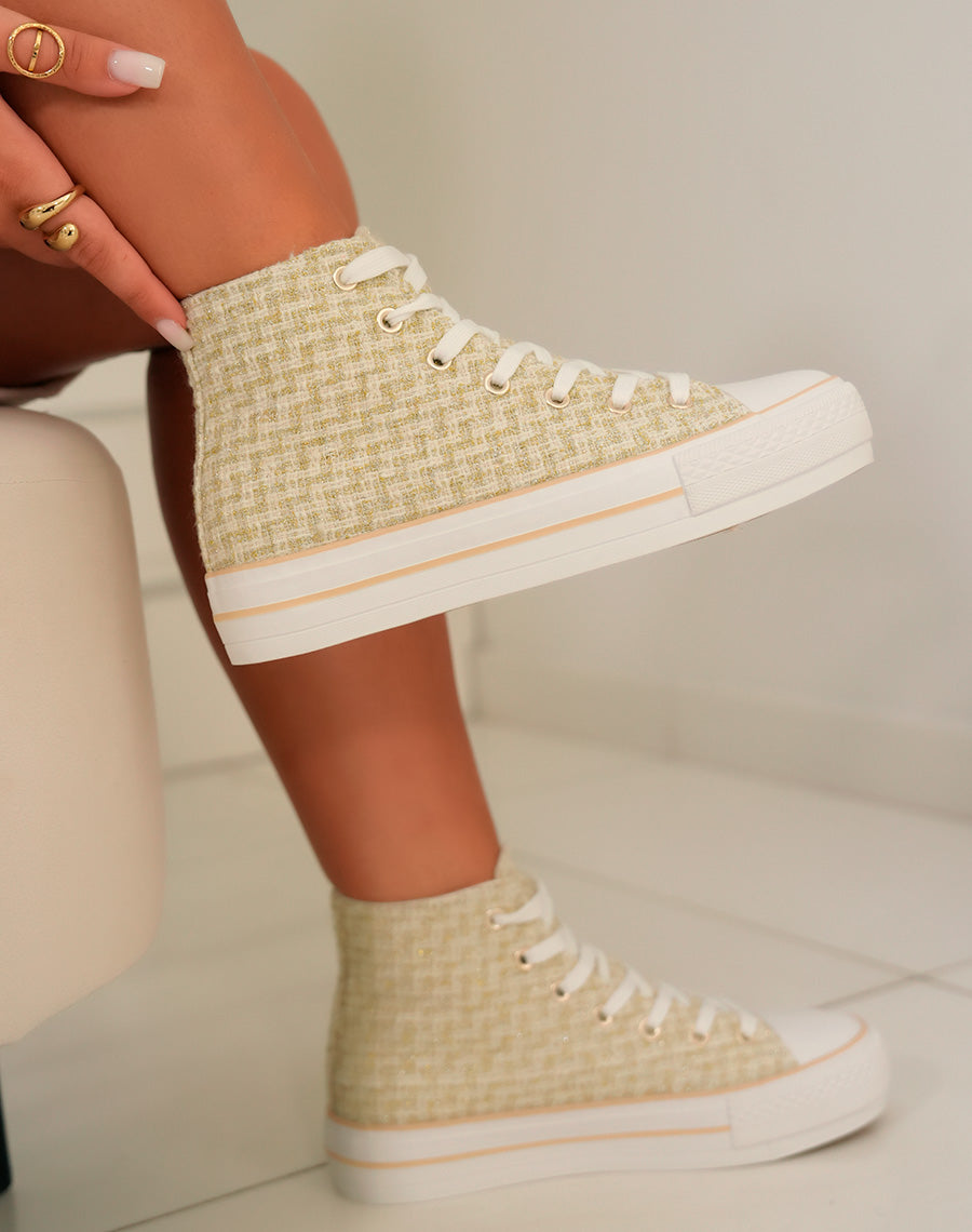 Basket montante femme en tweed doré avec fils métallisés