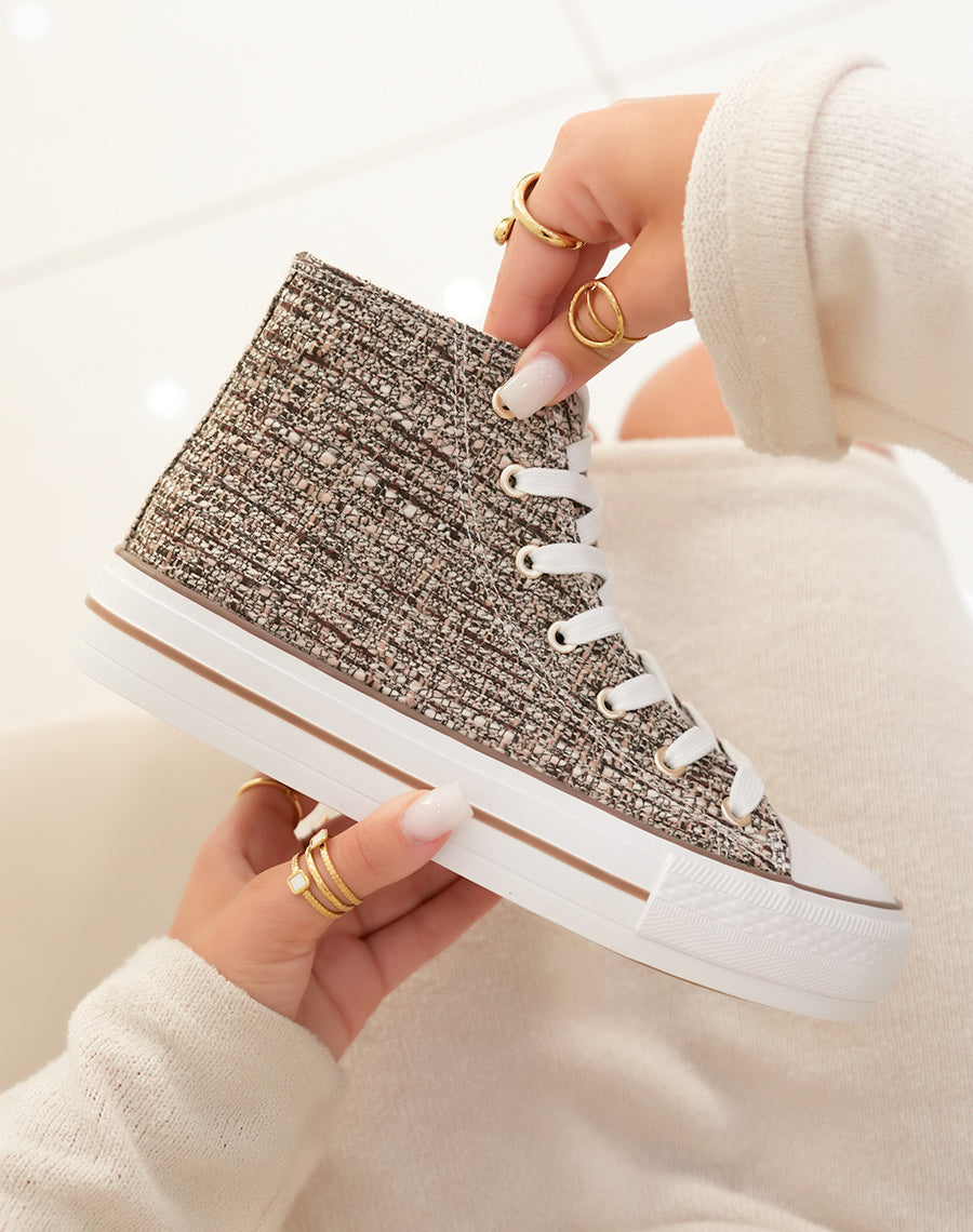 Basket montante femme en tweed marron avec fils entrecroisés