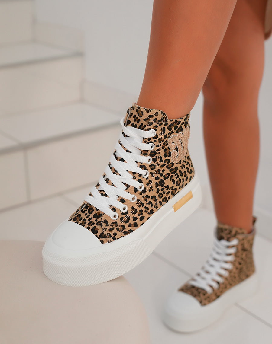 Basket montante femme imprimé léopard avec logo en tissu