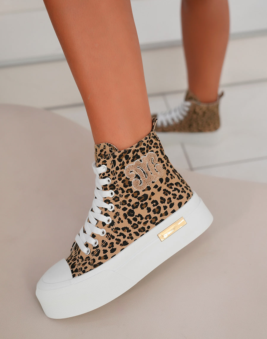 Basket montante femme imprimé léopard avec logo en tissu