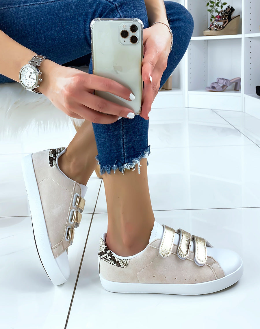 Basket à scratchs beiges et effet python