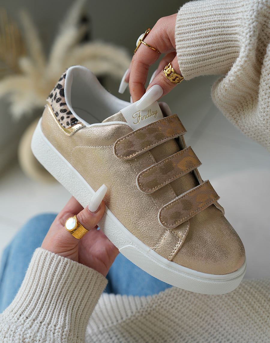 Baskets basses dorées à détails léopard et à scratch