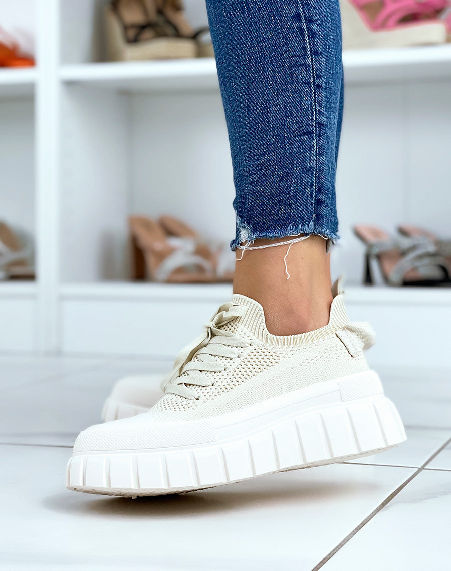 Baskets basses en tissus élastique beige à semelle épaisse