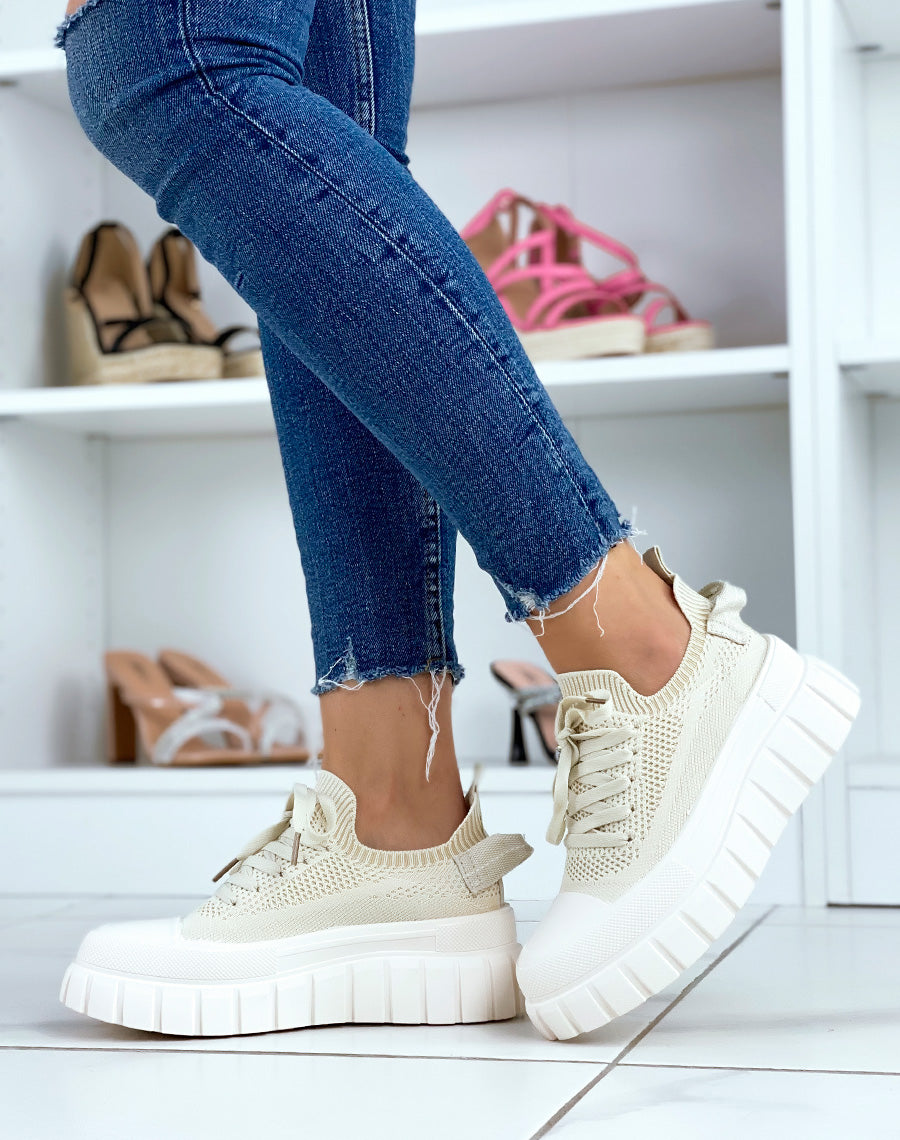 Baskets basses en tissus élastique beige à semelle épaisse