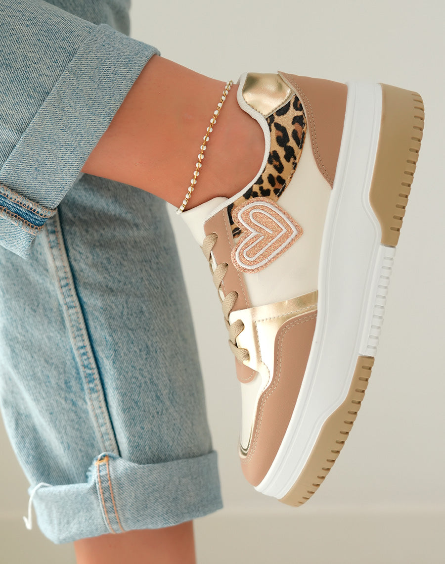 Baskets Basses Femme Beiges avec Détails Léopard
