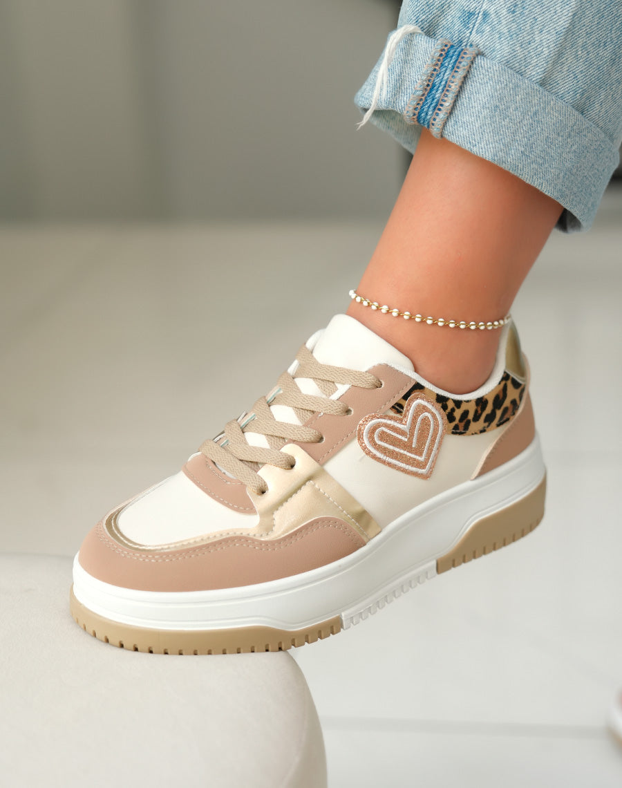 Baskets Basses Femme Beiges avec Détails Léopard