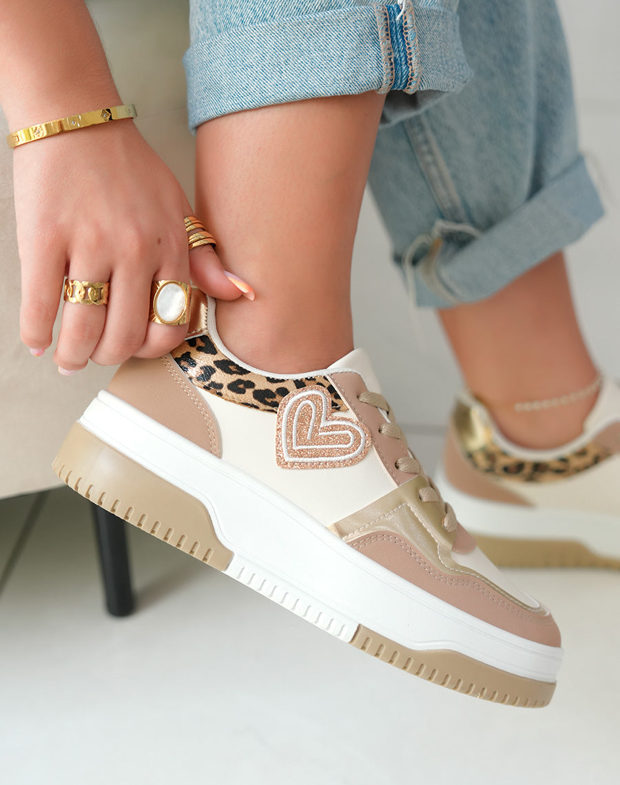 Baskets Basses Femme Beiges avec Détails Léopard