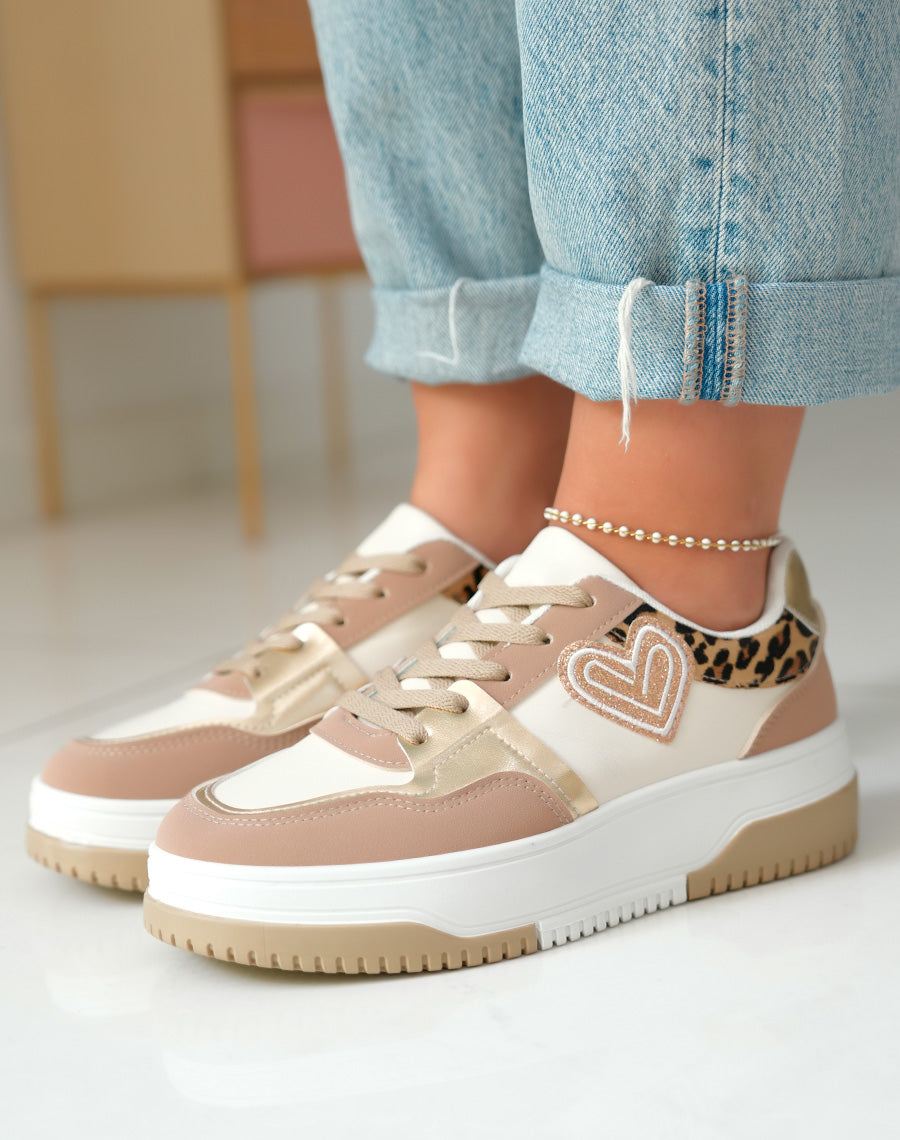 Baskets Basses Femme Beiges avec Détails Léopard