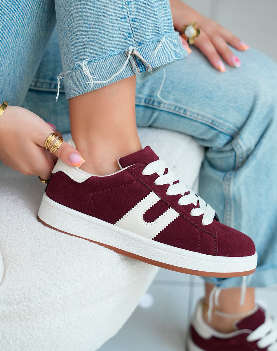 Baskets Basses Femme Bordeaux Effet Peau de Pêche