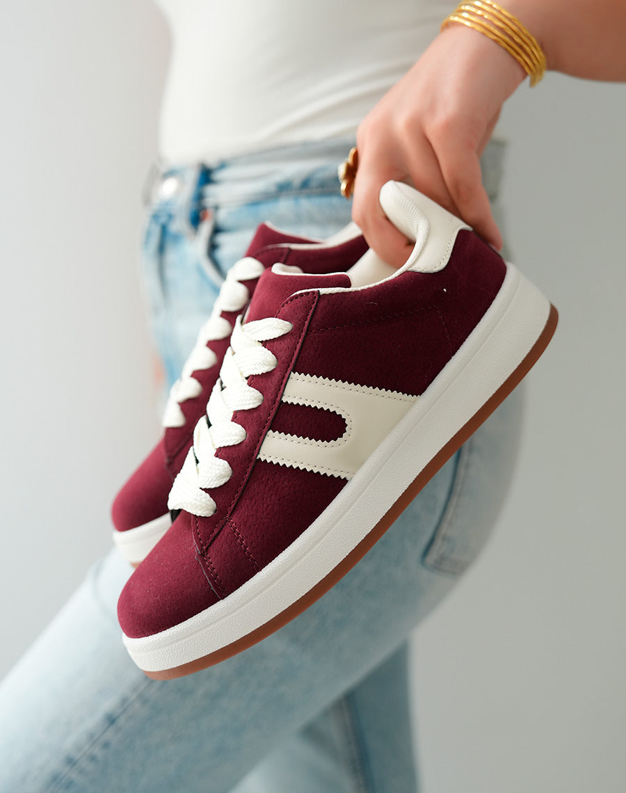 Baskets Basses Femme Bordeaux Effet Peau de Pêche