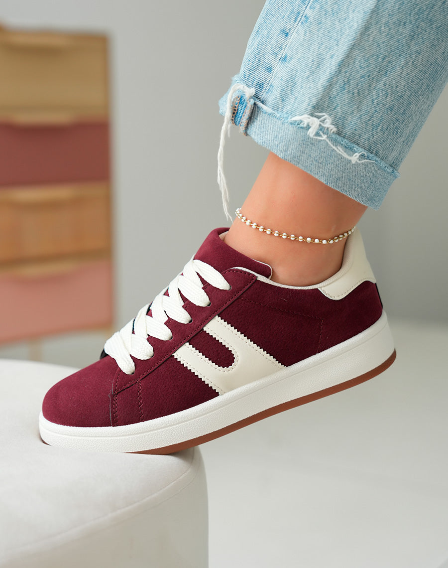Baskets Basses Femme Bordeaux Effet Peau de Pêche