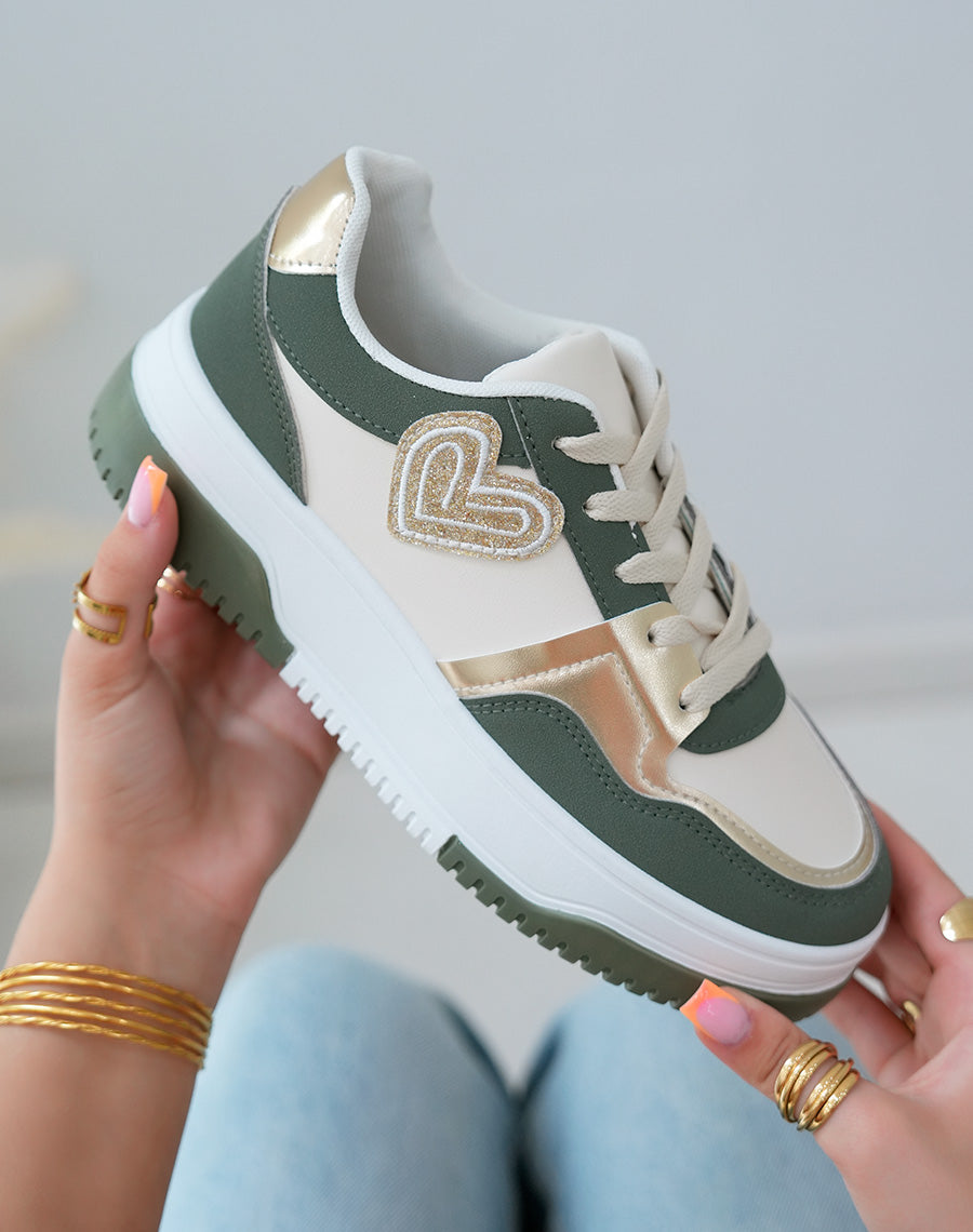 Baskets Basses Femme Vertes avec C?ur Dor? Paillet?