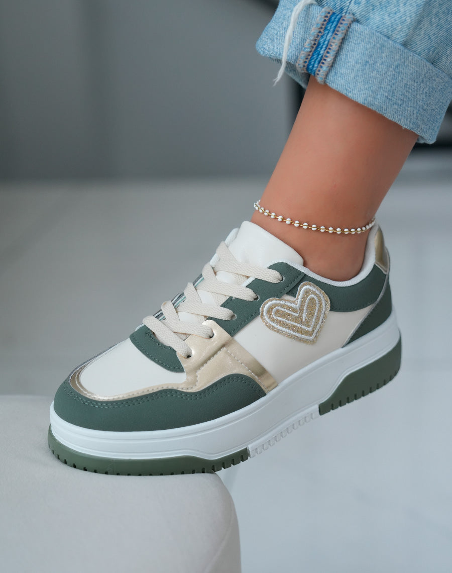 Baskets Basses Femme Vertes avec C?ur Dor? Paillet?