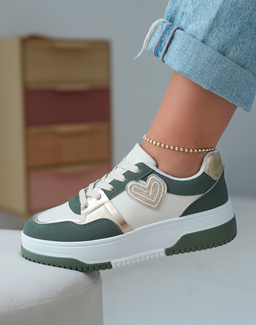 Baskets Basses Femme Vertes avec C?ur Dor? Paillet?