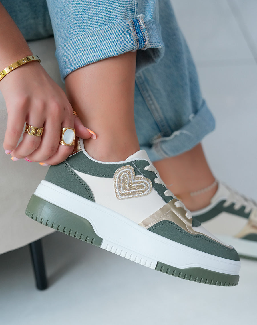 Baskets Basses Femme Vertes avec C?ur Dor? Paillet?
