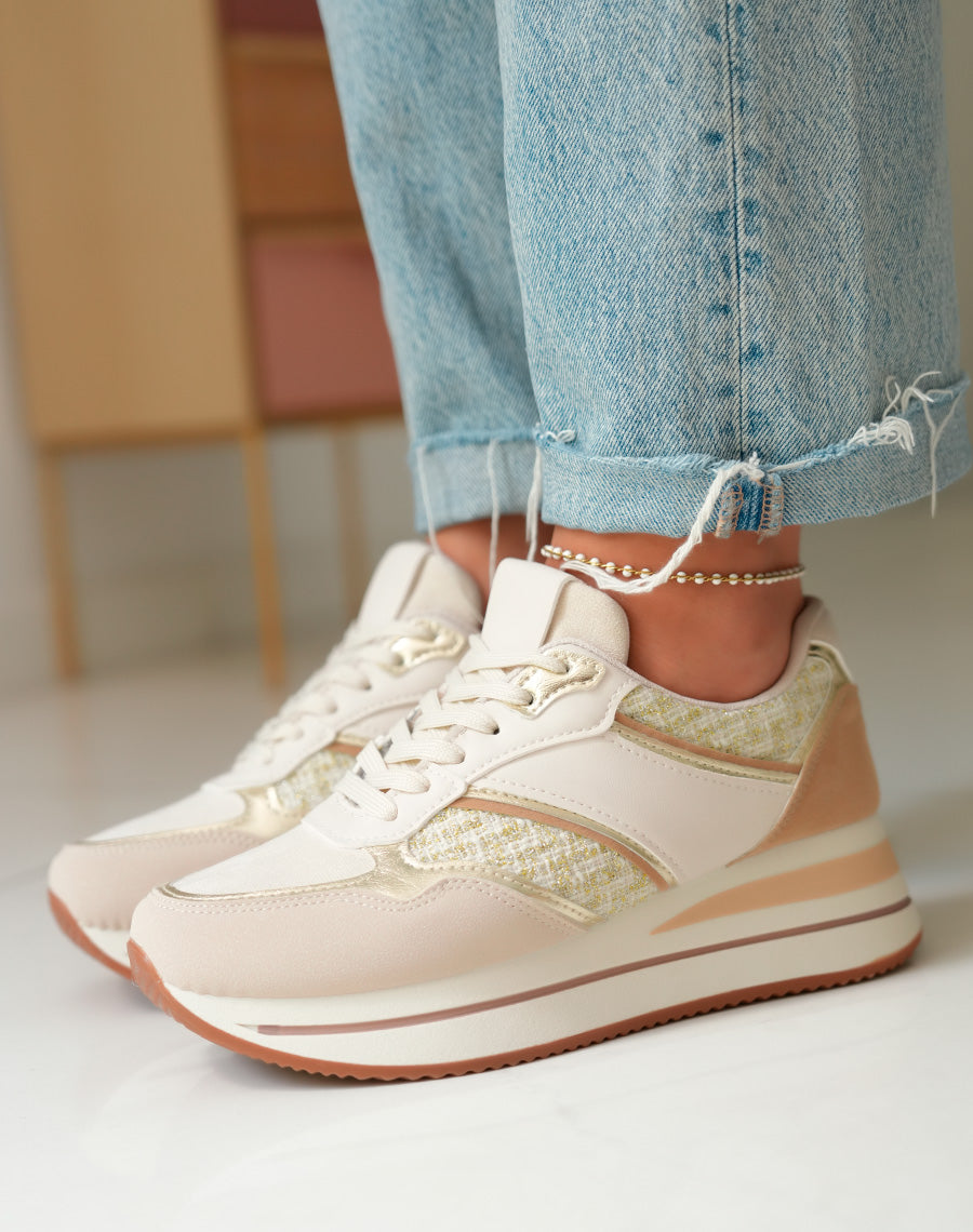 Baskets Beige Femme en Suédine et Tweed