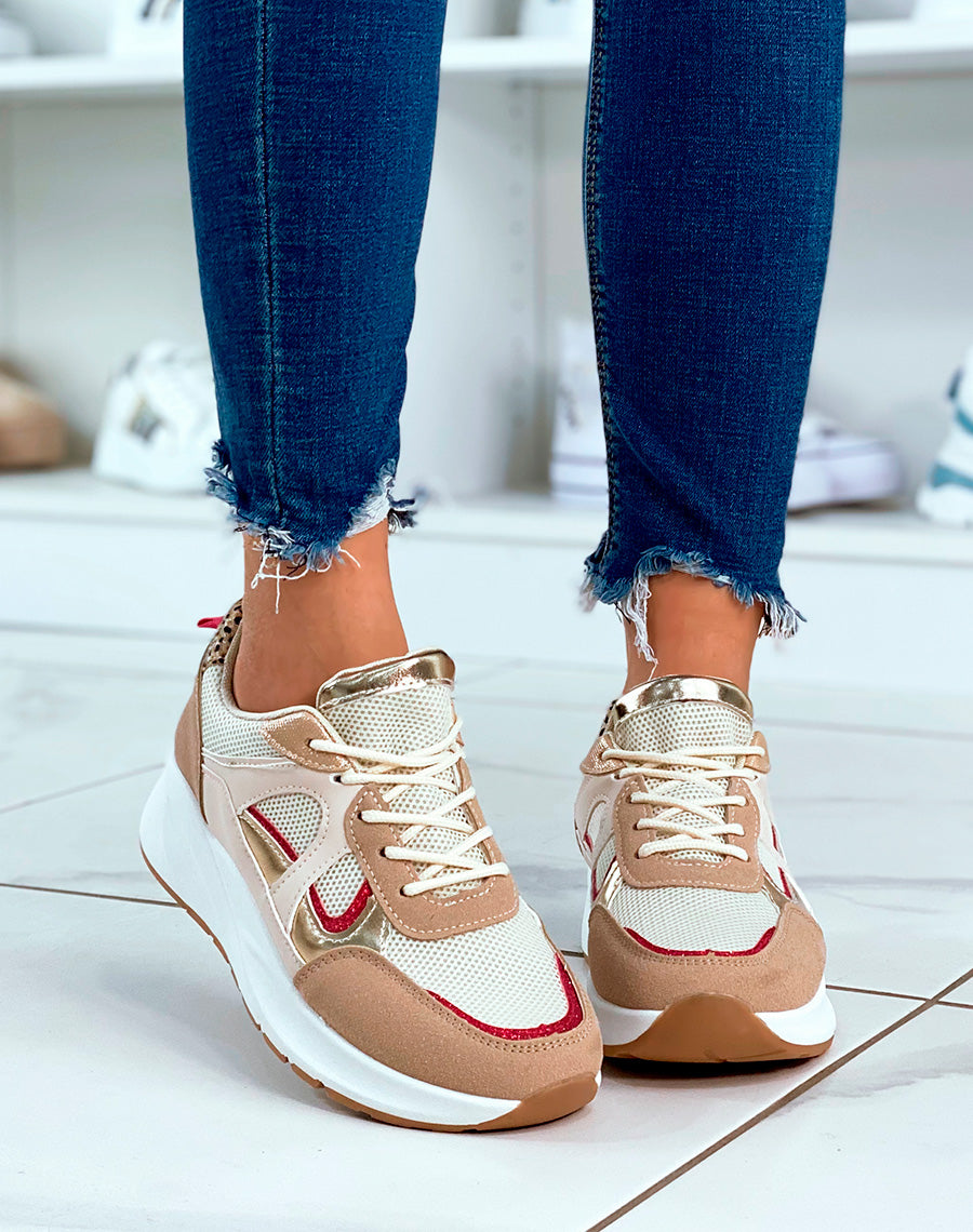 Baskets beige à lacets avec détails paillettes et empiècements beige