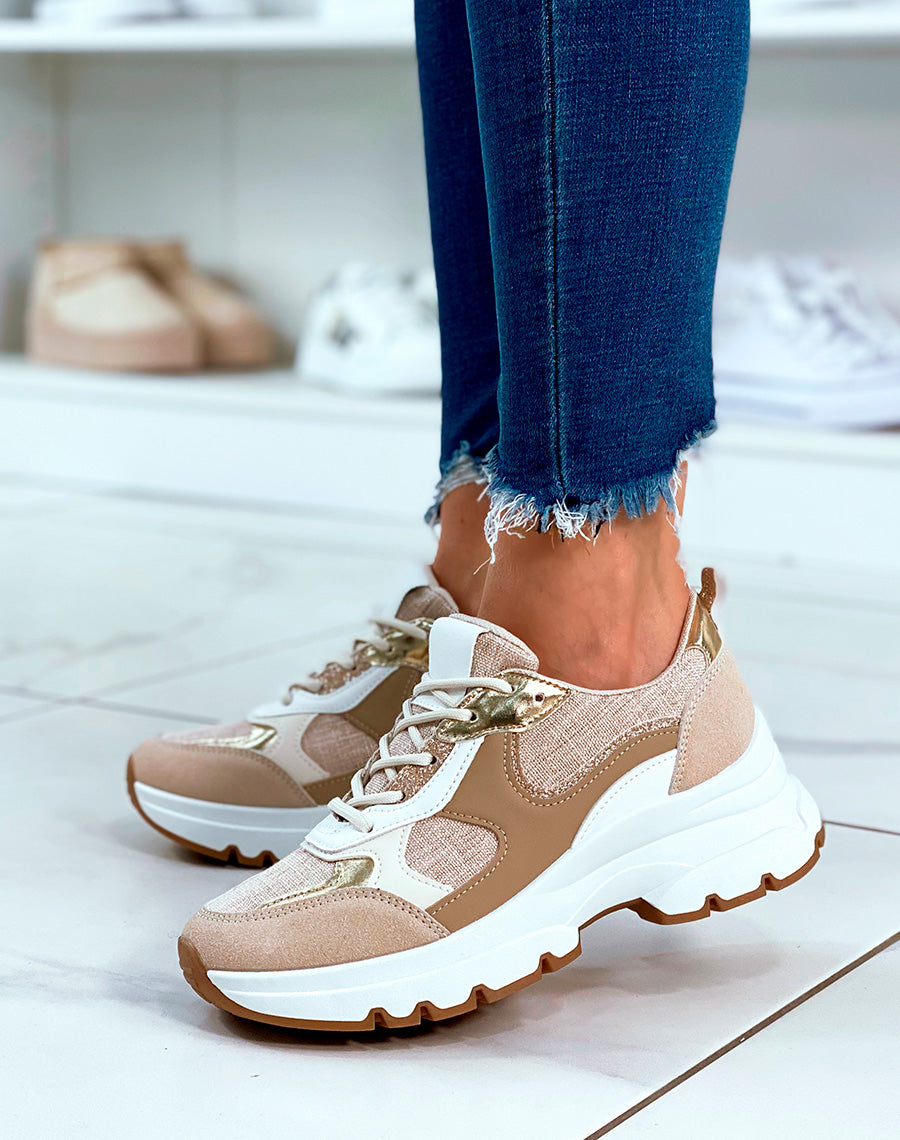Baskets beige à lacets avec détails tissus et dorés