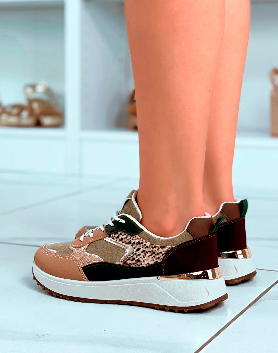 Baskets beige à multiples empiècements et détails guépard