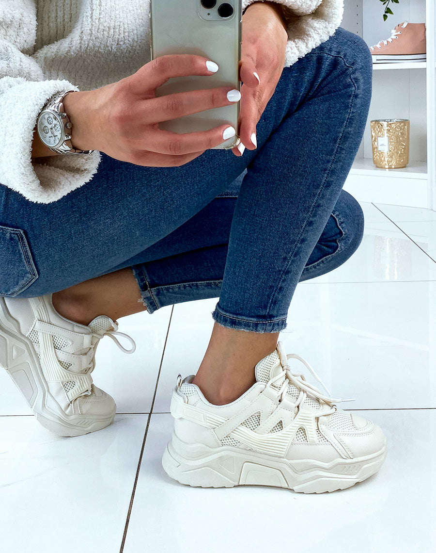 Baskets beiges bi-matière à plateforme XXL