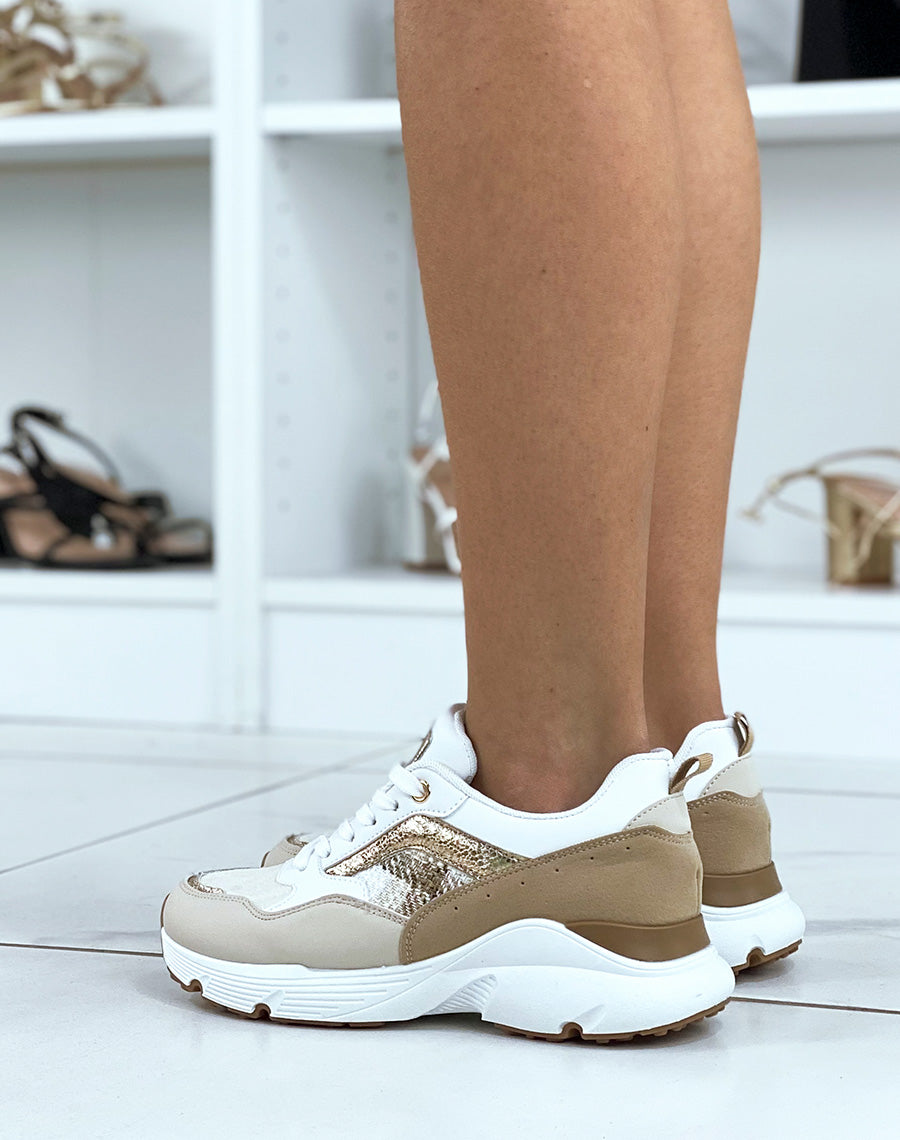 Baskets beiges à détails bicolores et motif tartan beige et blanc