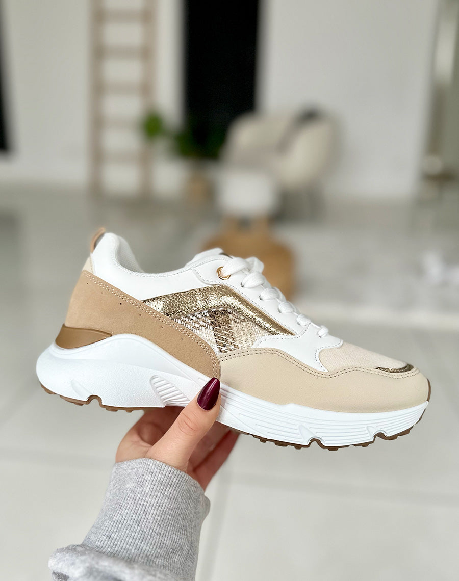 Baskets beiges à détails bicolores et motif tartan beige et blanc