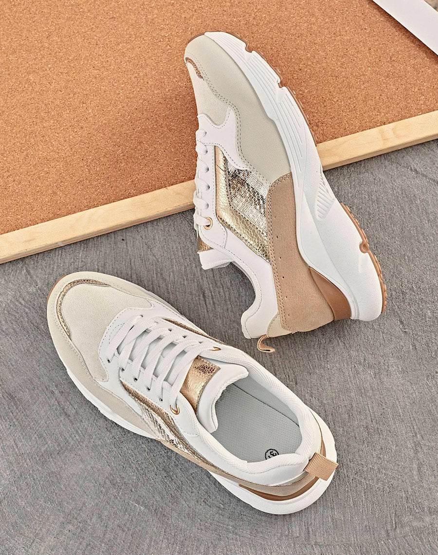 Baskets beiges à détails bicolores et motif tartan beige et blanc