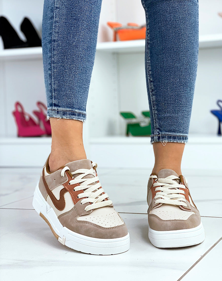 Baskets beiges à détails marrons et nudes