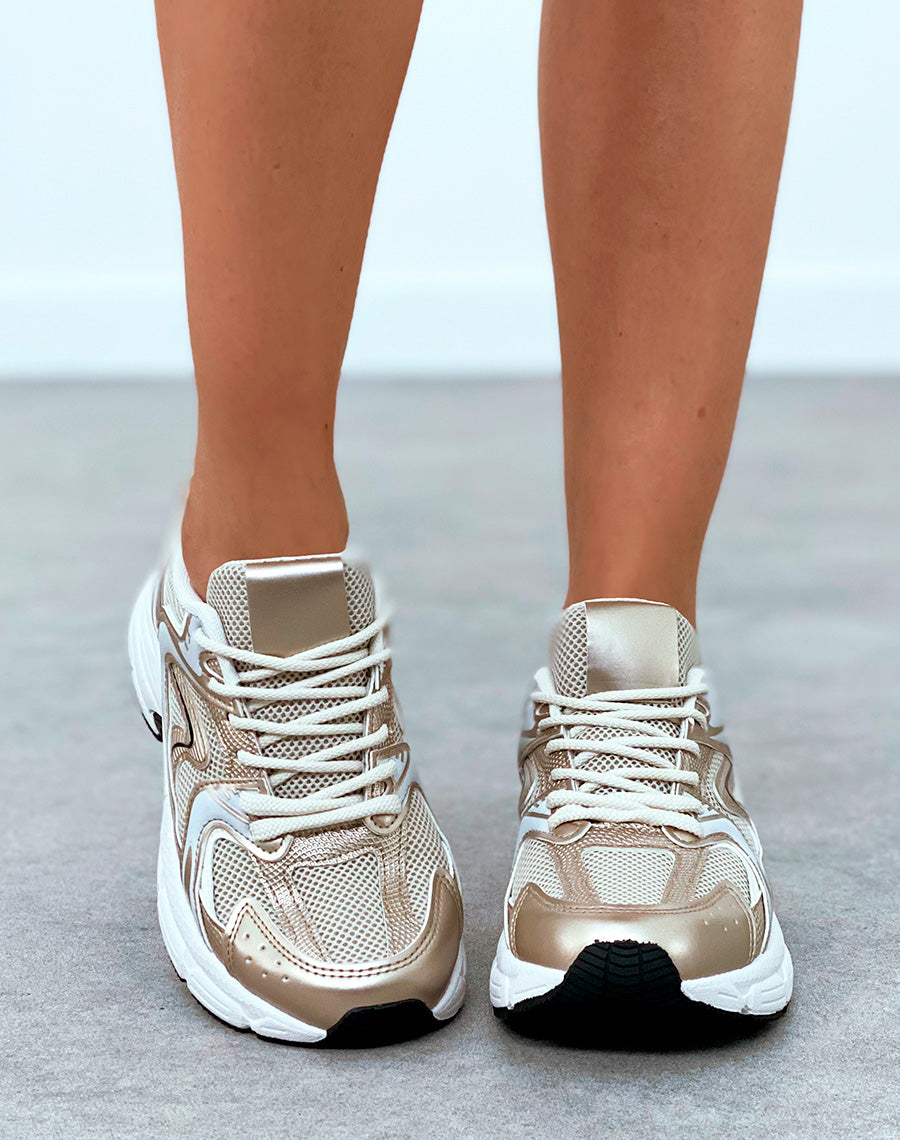 Baskets beiges à empiècements dorés et gris et à lacet effet corde