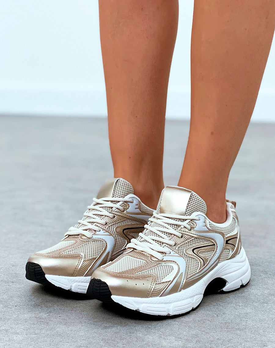 Baskets beiges à empiècements dorés et gris et à lacet effet corde