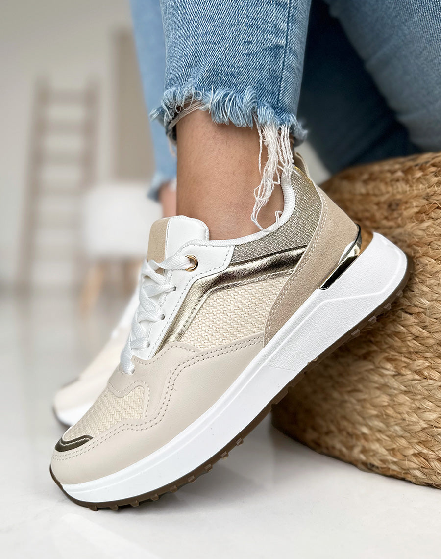 Baskets beiges à empiècements taupe et pailleté